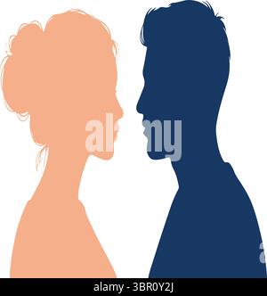 Silhouettes minimalistes frappantes d'un homme et d'une femme se faisant face de profil, symbolisant la connexion, la communication, la dynamique relationnelle Illustration de Vecteur