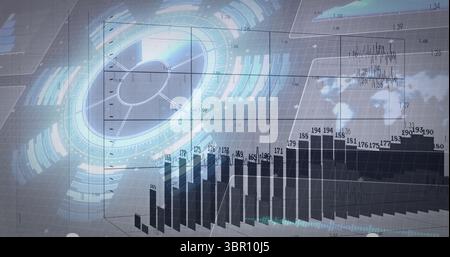 Affichage graphique holographique flottant sur la grille dans le tableau de bord avec des graphiques à barres et à lignes, silhouette de carte. Futuriste, technologie, innovation, données, visualiz Banque D'Images
