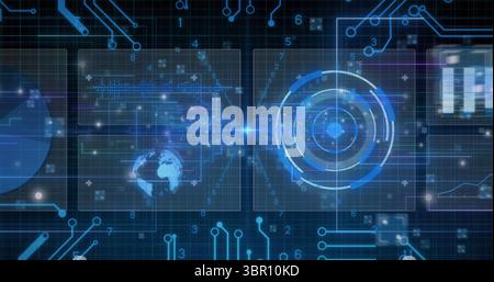 Affichage graphique de type radar tournant dans la grille cyberspatiale, avec tracés de circuit, données numériques. Futuriste, technologie, interface, visualisation, données Banque D'Images