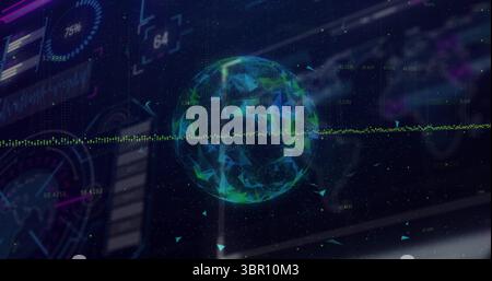 Affichage de la sphère filaire sur l'interface sombre, avec des particules triangulaires et une forme d'onde horizontale. Futuriste, numérique, holographique, technologique, visuel Banque D'Images