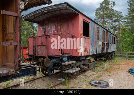 Sodertalje, Suède - 6 juin 2025 : un wagon ancien abandonné, montrant des signes d'usure et des graffitis. La voiture est entourée d'arbres et envahie par la végétation Banque D'Images