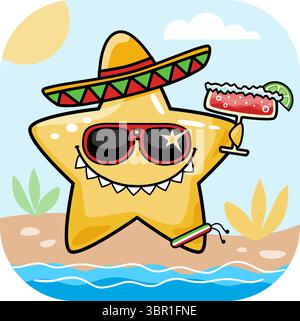 Fête d'étoile margarita à la fraise sur une illustration vectorielle plate de plage Illustration de Vecteur