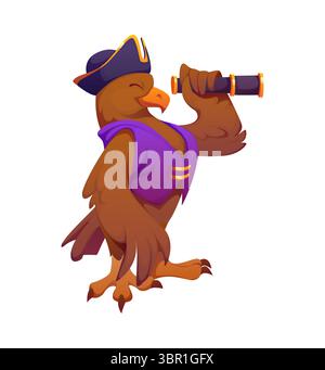 Personnage d'oiseau d'aigle pirate de bande dessinée regardant à travers un télescope avec une expression joyeuse. Personnage d'aventurier nautique ludique vectoriel isolé avec un spyglass portant un gilet violet et un chapeau de tricorne Illustration de Vecteur