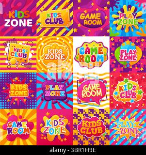 Bannières de zone pour enfants, salle de jeux, ensemble vectoriel d'aire de jeu. Éléments colorés de conception de bande dessinée demi-teinte, bulles de parole, étoiles et éclaboussures avec des vagues abstraites, des pièces de puzzle et des lignes. Centre bébé, aire de jeux Illustration de Vecteur