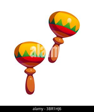 Cartoon maracas brésil fête de carnaval. Instruments de percussion traditionnels vectoriels isolés avec des motifs jaunes, rouges et verts vibrants, symbolisent la musique latino-américaine, les rythmes de samba et la joie Illustration de Vecteur