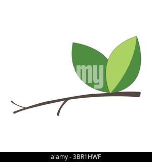 brindille d'arbre avec logo à deux feuilles ; twi feuilles se chevauchant sur une brindille ; petite branche avec des feuilles verdures Illustration de Vecteur