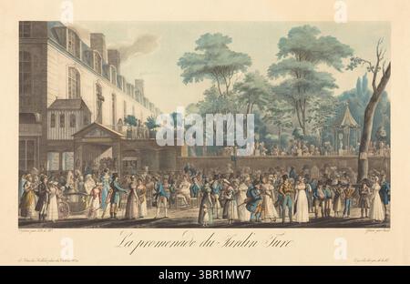 La promenade au jardin turc de Jean-Pierre-Marie Jazet, d'après Jean Joseph Bastier de Bez. Cette gravure colorée à la main capture une scène de loisirs parisienne vibrante au jardin turc, un café-jardin populaire du XIXe siècle. Des foules d'hommes, de femmes et d'enfants se promènent et socialisent dans une tenue élégante, reflétant l'atmosphère sociable et la mode du début des années 1800 en France. Paris, vers 1810. Banque D'Images