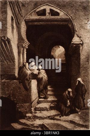 « Devil’s Way, Alger », gravure d’après Adolphe Mouilleron par Stephen James Ferris, vers 1879. La scène représente des personnages rodés se rassemblant près d'une arche de pierre ombragée et d'un escalier dans une ruelle historique algérienne, évoquant une atmosphère dramatique et sombre de lumière et d'ombre. Banque D'Images