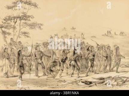 « Braves tirant des flèches, Une compétition, non. 24', lithographie de George Catlin. Une représentation détaillée du XIXe siècle d'un concours de tir à l'arc amérindien, mettant en scène des hommes en tenue traditionnelle se produisant devant une foule de spectateurs. De la série de Catlin dépeignant la vie et les coutumes indigènes à la frontière américaine. Banque D'Images