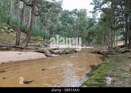 Photographie de la rivière Capertee à des niveaux très bas traversant la vallée de Capertee après des dégâts importants causés par les inondations dans le parc national de Wollemi. Banque D'Images