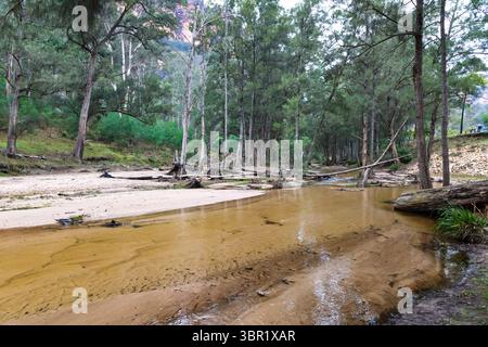 Photographie de la rivière Capertee à des niveaux très bas traversant la vallée de Capertee après des dégâts importants causés par les inondations dans le parc national de Wollemi. Banque D'Images