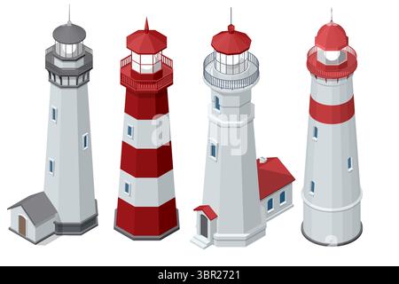 Un ensemble de quatre phares isométriques détaillés, chacun avec des caractéristiques architecturales uniques et des combinaisons de couleurs, debout comme des balises de sécurité. Illustration de Vecteur