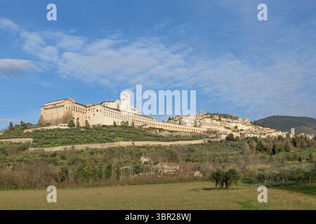 Vue panoramique de la basilique Saint François et assise avec la forteresse Rocca Maggiore ci-dessus, Ombrie, Italie. Banque D'Images