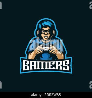 Vecteur de conception de logo de mascotte de joueur avec style de concept d'illustration moderne pour l'impression de badge, d'emblème et de t-shirt. Illustration Smart gamer pour e sport. Illustration de Vecteur