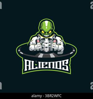 vecteur de conception de logo de mascotte alien avec un style de concept d'illustration moderne pour l'impression de badge, d'emblème et de t-shirt. illustration alien intelligente avec ufo. Illustration de Vecteur