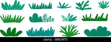 Buissons dessinés à la main et ensemble d'herbe. Collection d'arbustes crayon vert. Arbustes griffonnés et bottes d'arbres. Eléments de feuillage esquissés au crayon. Pack de plantes vertes griffonnées de dessin animé. Illustration vectorielle Illustration de Vecteur