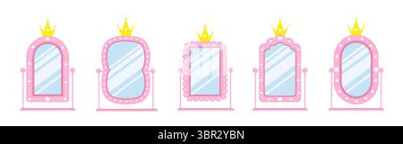 Miroir princesse. Ensemble de miroir de sol enfantin avec différentes bordures roses. Meubles pour princesse ou intérieur de chambre royale. Illustration vectorielle vintage Illustration de Vecteur