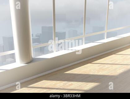 Intérieur plat avec colonne blanche ronde, fenêtres révélant la ligne d'horizon brumeuse sur plancher de bois Banque D'Images