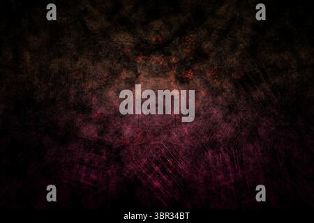 La texture grunge abstraite remplit le cadre de rayures vieillies et de dégradés rouges violets Banque D'Images