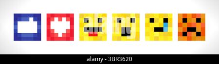 Collection d'icônes créatives de médias sociaux. Style graphique Pixel art. Ensemble de réactions faciales. Visages jaunes carrés créatifs. Pouce vers le haut, niveau vers le haut iso tendance Illustration de Vecteur