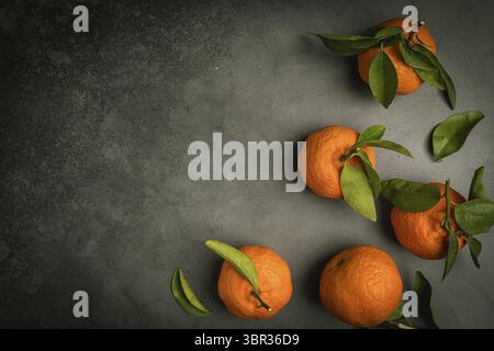 Mandarines fraîches fruits ou mandarines avec des feuilles sur un fond sombre, vue de dessus Banque D'Images