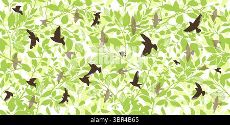 Branches vertes de fond sans couture et oiseaux volants. dessiné à la main. Pas ai, illustration vectorielle Illustration de Vecteur