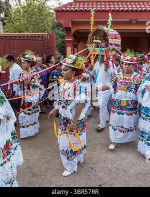 19 janvier 2019, Santa Elena, Yucatan, Mexique : les femmes en huipils brodés et chapeaux fleuris se préparent pour la danse de la tête du cochon et de la dinde, ou Baile de la cabeza del cochino y del pavo à Santa Eleana, Yucatan, Mexique. Cette danse du festival maya n'est exécutée qu'une fois par an. (Crédit image : © Jon G. Fuller/VW pics via ZUMA Wire) Banque D'Images