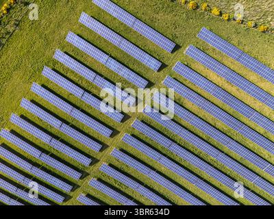 Vue aérienne de panneaux solaires se prélassant dans la lumière du soleil, disposés en rangées parfaites à travers un champ vert vibrant, Newport-on-Tay, Écosse, Royaume-Uni. Banque D'Images