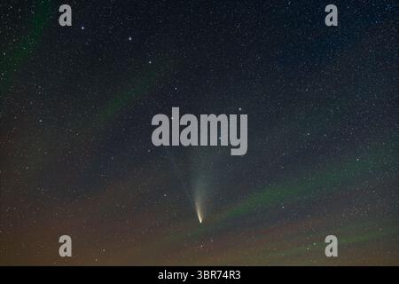 23 juillet 2020, Alberta, Canada : Comet NEOWISE (C/2020 F3) les 22 et 23 juillet 2020 en dessous de la Grande Dipper et à Ursa Major, et avec des bandes rouges et vertes de lueur d'air proéminentes qui étaient plus évidentes ce soir que les nuits précédentes en tirant sur la comète. Même avec le ciel lumineux, la queue ionique bleu pâle du cometâ€™peut être tracée au-delà du bol de la Big Dipper... il s'agit d'une pile d'expositions suivies de 5 x 2 minutes avec l'objectif Canon 35 mm à f/2,8 et Canon 6D MkII à ISO 800, sur le tracker iOptron SkyGuider Pro. Prise du parc provincial Dinosaur, Alberta. Un orage actif se trouvait à l'horizon ci-dessous Banque D'Images