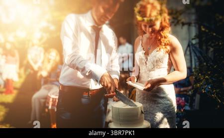 Une belle cérémonie de découpe de gâteau de mariage célébrée dans un cadre naturel et pittoresque Banque D'Images