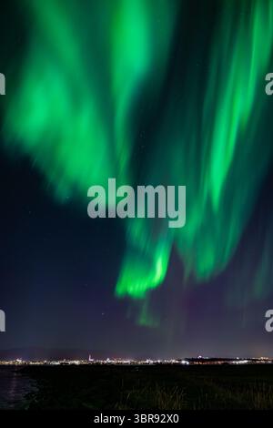 Vue des danses vertes et violettes des aurores boréales à travers le ciel nocturne au-dessus des lumières lointaines de la ville, Reykjavík, Reykjavíkurborg, Islande. Banque D'Images