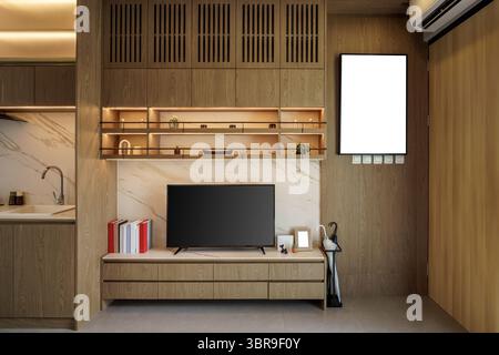 Salon de style japonais avec console de télévision, mur en marbre et armoires encastrées en bois. Elle dispose d''un écran vierge pour la maquette et d''une kitchenette compacte. Banque D'Images