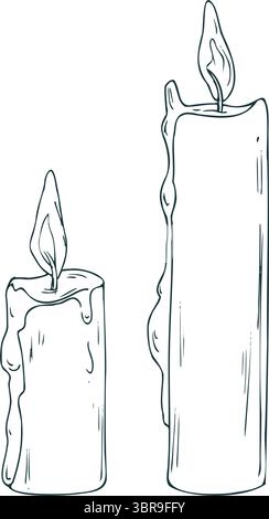 Illustration d'art au trait dessinée à la main de bougies allumées avec de la cire fondante. Graphique à l'encre noire parfait pour l'hiver, les designs confortables, les thèmes spirituels, ou les vacances Illustration de Vecteur