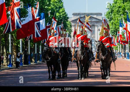 Londres, Royaume-Uni. 11 juillet 2025. Remontant le Mall avec les drapeaux britannique et français de la visite d'État - le Household Cavalry Mounted Regiment remet le devoir du Kings sauveteur au canadien Lord Strathcona's Horse. Pour la troisième fois seulement dans l'histoire, une nation étrangère prend en charge ces fonctions à Horse Guards. Sa Majesté le Roi a donné son approbation pour que la Garde à vie du Roi soit livrée par Lord Strathcona's Horse, à partir du 11-21 juillet 2025, alors qu'ils célèbrent leur 125e anniversaire. Crédit : Guy Bell/Alamy Live News Banque D'Images