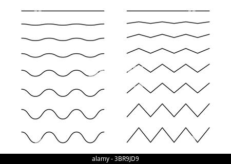 Lignes ondulées, sinueuses et zigzag. Bordures ondulées, ligne horizontale transversale. Sinus, ondulation, fluide, air, signes de vent. Eau, rivière, lac, mer, océan Illustration de Vecteur