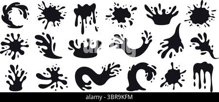 Éclaboussures d'eau avec des gouttelettes. Silhouette d'éclaboussures d'encre, déversement de peinture, écoulement de fluide et taches de liquide. Éclaboussures dynamiques dessinées à la main isolées Illustration de Vecteur