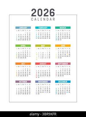 Année 2026 calendrier coloré américain sur fond blanc, les semaines commencent dimanche, vacances USA, modèle vectoriel en anglais Illustration de Vecteur