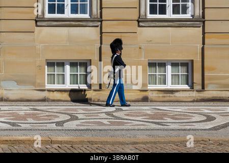 Garde Royale connue sous le nom de Royal Life Guard marchant devant le Palais Royal d'Amalienborg à Copenhague, Danemark, Europe en mai Banque D'Images