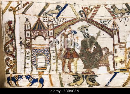 Détail de la tapisserie de Bayeux montrant le roi Edward le Confesseur et Harold Godwinson à Winchester. Édouard le Confesseur envoie Harold en Normandie. Banque D'Images