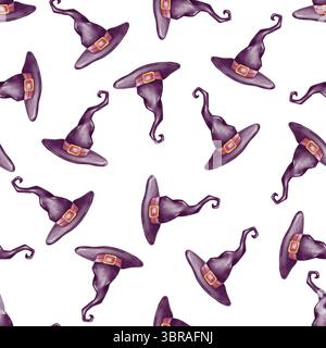 Motif sans couture avec chapeaux de sorcière violets disposés dans une disposition répétitive ludique, illustrée dans un style aquarelle doux. Parfait pour la décoration d'Halloween Banque D'Images