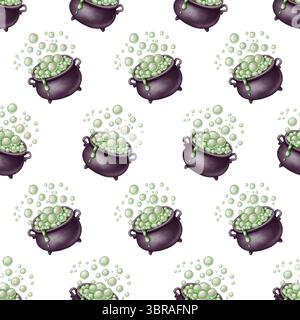 Modèle sans couture avec chaudrons de sorcière remplis de potion verte bouillonnante, illustré dans un style aquarelle douce. Idéal pour les imprimés sur le thème d'Halloween Banque D'Images