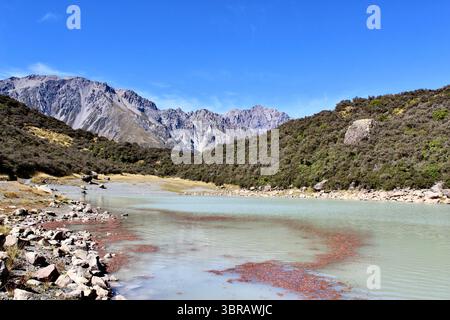 Trekking à travers des paysages intemporels dans les hautes terres de l'île du Sud, Tasman Glacier View Track Banque D'Images
