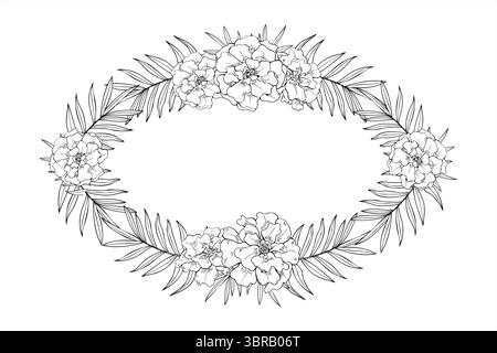 Cadre ovale monochrome avec fleurs de souci et feuilles de palmier avec espace vide pour le texte. Illustration vectorielle de têtes de fleurs pour l'emballage de produits de beauté Illustration de Vecteur