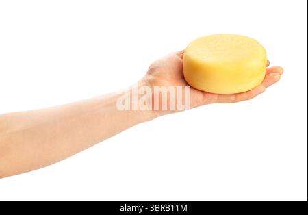 roue de fromage dans le chemin de la main isolé sur blanc Banque D'Images