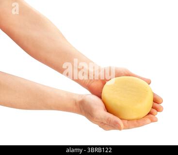 roue de fromage dans le chemin de la main isolé sur blanc Banque D'Images