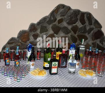 Assortiment de bouteilles d'alcool, de boissons énergisantes, de jus de fruits et de citrons tranchés disposés sur une table de fête avec des verres doseurs et de grands verres. Banque D'Images