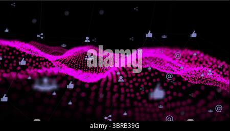 Maille d'onde ponctuelle magenta fluide ondulant dans le cyberespace virtuel, avec des lignes faibles et des icônes sociales Banque D'Images