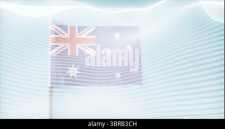 Agitant le drapeau australien flottant doucement sur le mât de drapeau à ciel ouvert, avec un motif d'ondes lumineuses Banque D'Images