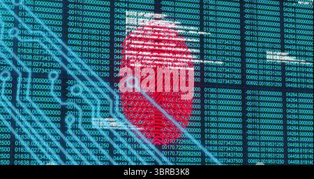 Affichage d'empreintes digitales rouges superposées à l'écran d'interface, avec code vert et flux de données sarcelle Banque D'Images