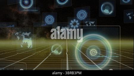 Affichage du HUD survolant la grille en simulation, avec des graphiques et des panneaux holographiques, espace de copie Banque D'Images